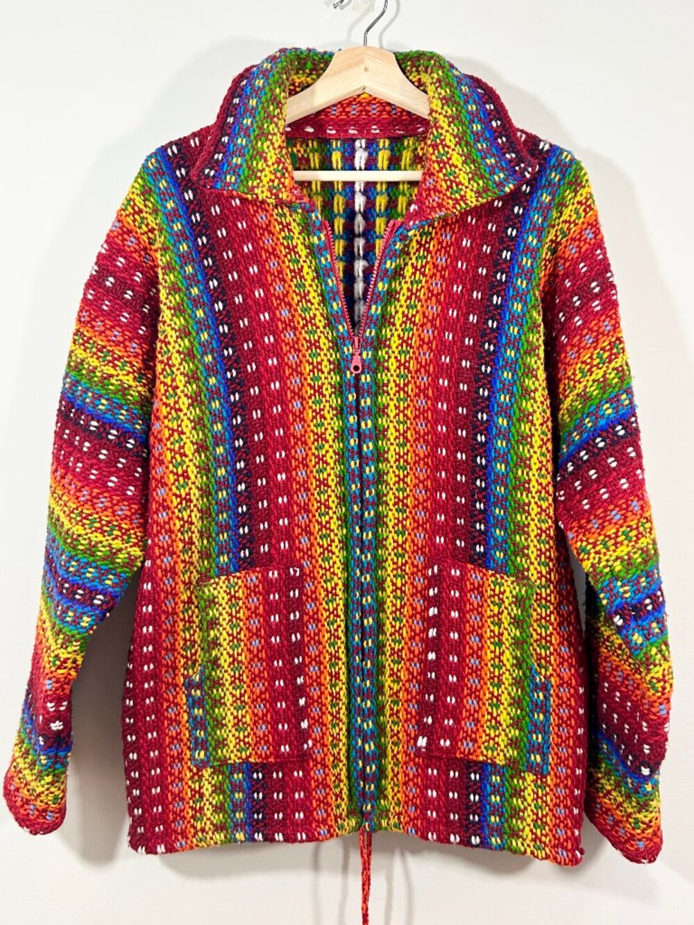 Handmade! HAND KNIT Rainbow Chunky Knit Zip Cardigan Sweater L